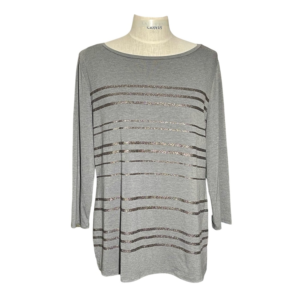 Liz Claiborne Boat Neck 3/4 Sleeve Pullover Gray Striped Knit Shirt Tee SzL NWT